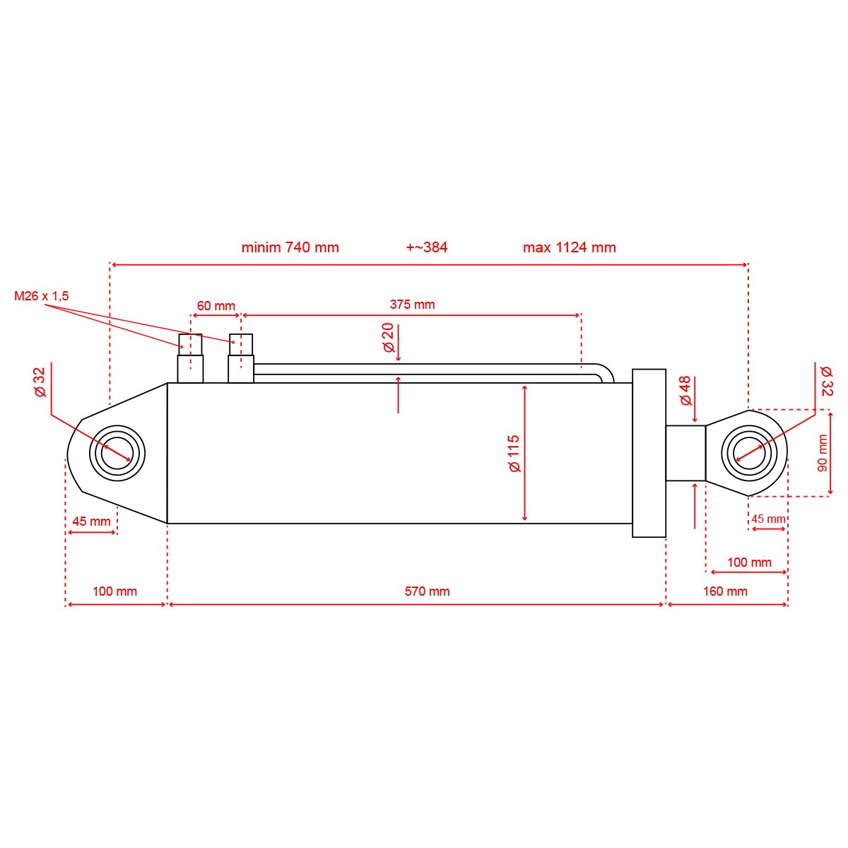Cilindru hidraulic spate pentru lama si sapa 90x115x48x740x570x384mm Tractor Forestier